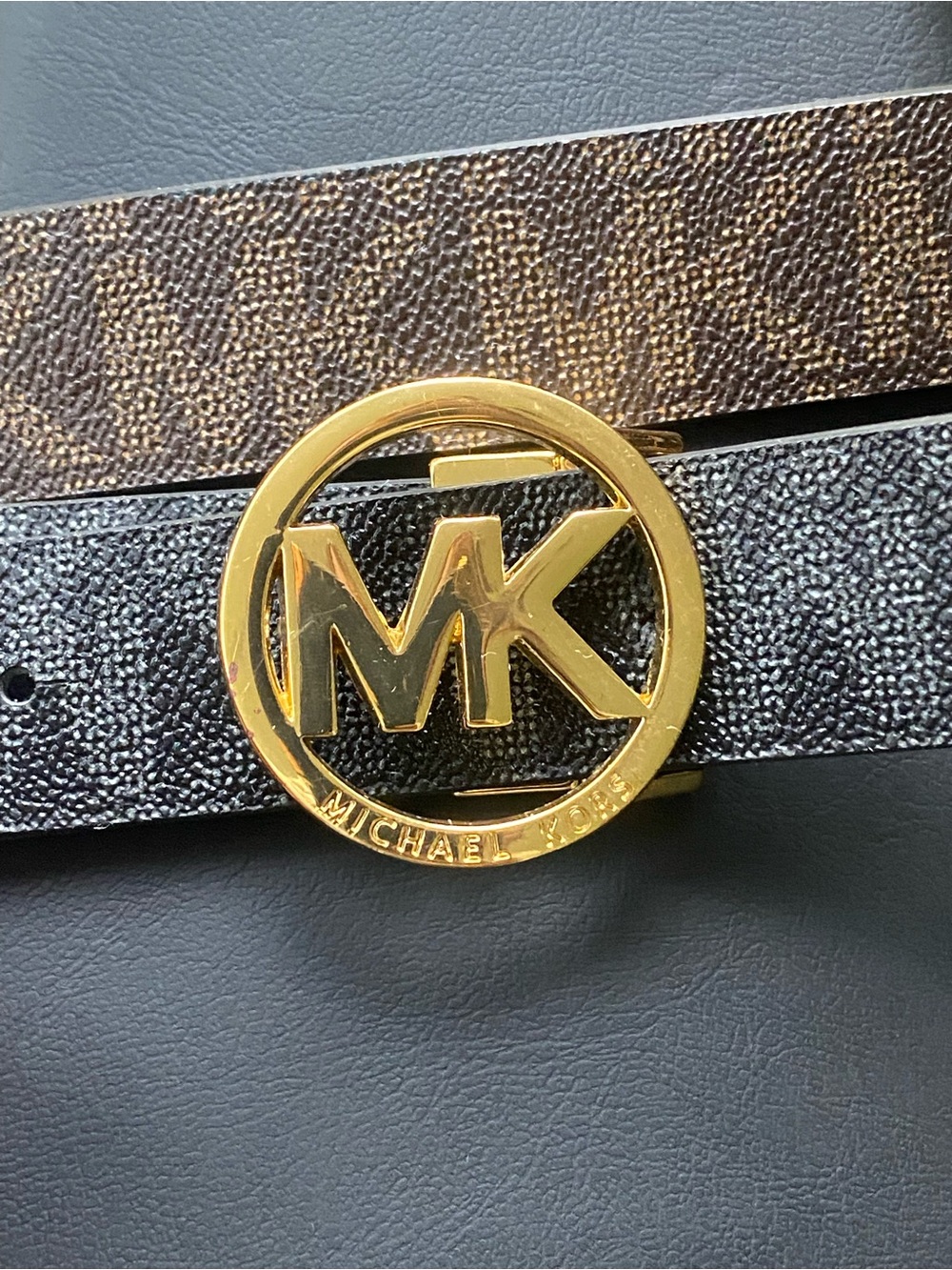 Michael Kors Brown/Black Signature MK Logo Belt with Gold Buckle